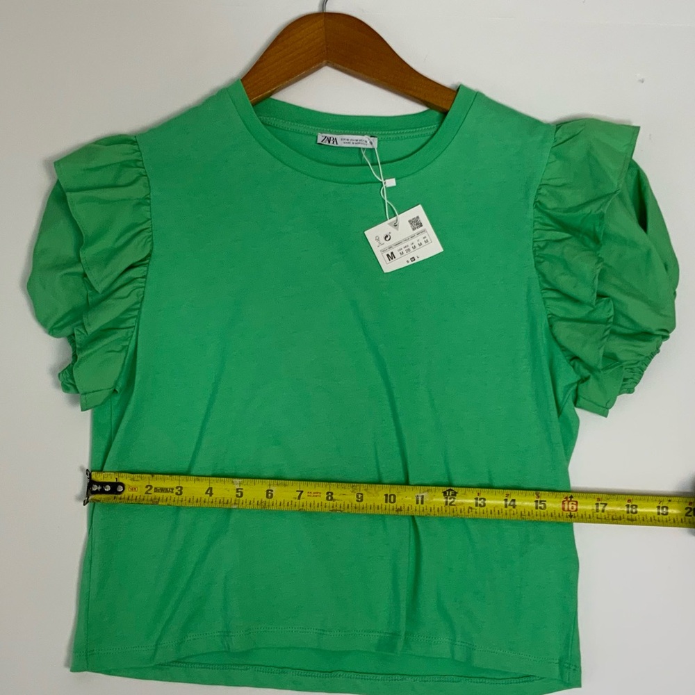 Zara Emerald Green Ruffle Puff Sleeves Top Sz M Stretch Blouse - Picture 10 of 10